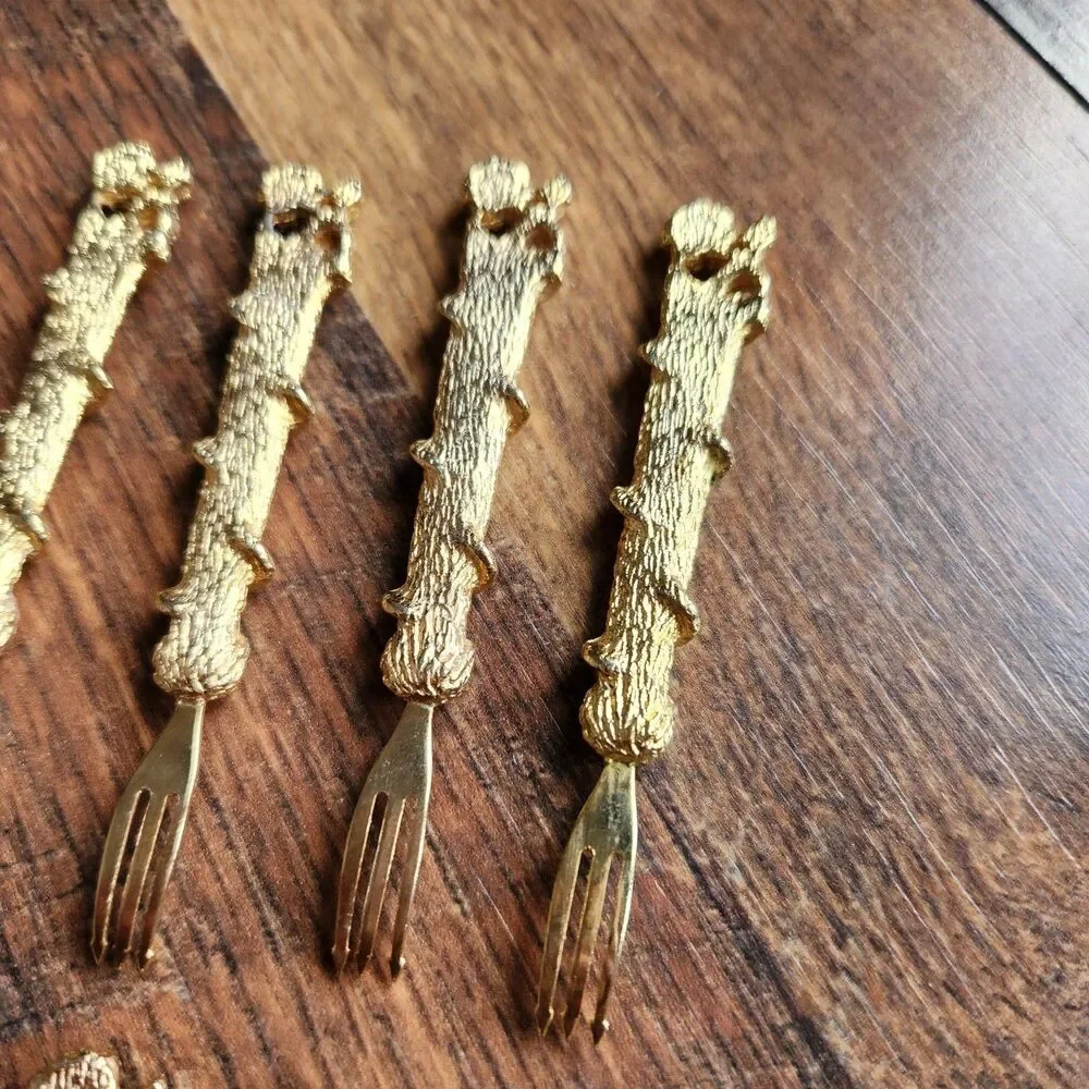 Vtg Janis Collection 24K Gold Plated Hors D'oeuvre Forks Rose Vine Set of 8 2”